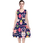 Bunny - Easter Pattern V-Neck Midi Sleeveless Dress 