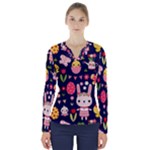 Bunny - Easter Pattern V-Neck Long Sleeve Top