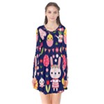 Bunny - Easter Pattern Long Sleeve V-neck Flare Dress