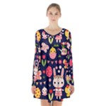 Bunny - Easter Pattern Long Sleeve Velvet V-neck Dress