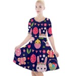 Bunny - Easter Pattern Quarter Sleeve A-Line Dress With Pockets