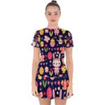 Bunny - Easter Pattern Drop Hem Mini Chiffon Dress