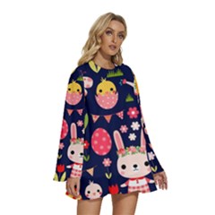 Round Neck Long Sleeve Bohemian Style Chiffon Mini Dress 