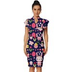 Bunny - Easter Pattern Vintage Frill Sleeve V-Neck Bodycon Dress