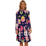 Bunny - Easter Pattern Long Sleeve Shirt Collar A-Line Dress