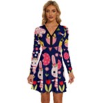 Bunny - Easter Pattern Long Sleeve Deep V Mini Dress 