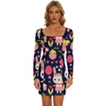 Bunny - Easter Pattern Long Sleeve Square Neck Bodycon Velvet Dress