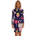 Bunny - Easter Pattern Long Sleeve Shirt Collar Bodycon Dress