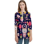 Bunny - Easter Pattern Women s Zip Front V-Neck 3/4 Sleeve Casual Top Pocket Shirt