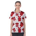 Christmas Texture, Pattern, Red, Craciun, Christmas, Bow, Gift Women s Cotton T-Shirt