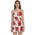 Christmas Texture, Pattern, Red, Craciun, Christmas, Bow, Gift Body Wrap Sleeveless V-Neck Mini Dress