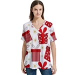 Christmas Texture, Pattern, Red, Craciun, Christmas, Bow, Gift V-Neck Split Shoulder Casual T-Shirt