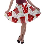 Christmas Texture, Pattern, Red, Craciun, Christmas, Bow, Gift A-line Skater Skirt