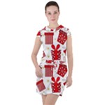 Christmas Texture, Pattern, Red, Craciun, Christmas, Bow, Gift Drawstring Hooded Dress