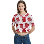 Christmas Texture, Pattern, Red, Craciun, Christmas, Bow, Gift Women s Round Neck Short Sleeve Crop Top