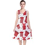 Christmas Texture, Pattern, Red, Craciun, Christmas, Bow, Gift V-Neck Midi Sleeveless Dress 