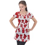 Christmas Texture, Pattern, Red, Craciun, Christmas, Bow, Gift Puff Sleeve Tunic Top