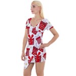 Christmas Texture, Pattern, Red, Craciun, Christmas, Bow, Gift Short Sleeve Asymmetric Mini Dress