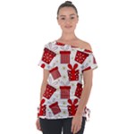 Christmas Texture, Pattern, Red, Craciun, Christmas, Bow, Gift Off Shoulder Tie-Up T-Shirt