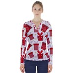 Christmas Texture, Pattern, Red, Craciun, Christmas, Bow, Gift V-Neck Long Sleeve Top