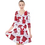 Christmas Texture, Pattern, Red, Craciun, Christmas, Bow, Gift Quarter Sleeve Front Wrap Dress