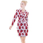 Christmas Texture, Pattern, Red, Craciun, Christmas, Bow, Gift Button Long Sleeve Dress