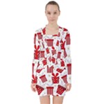 Christmas Texture, Pattern, Red, Craciun, Christmas, Bow, Gift V-neck Bodycon Long Sleeve Dress