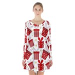 Christmas Texture, Pattern, Red, Craciun, Christmas, Bow, Gift Long Sleeve Velvet V-neck Dress