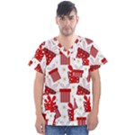 Christmas Texture, Pattern, Red, Craciun, Christmas, Bow, Gift Men s V-Neck Scrub Top