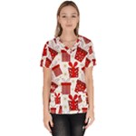 Christmas Texture, Pattern, Red, Craciun, Christmas, Bow, Gift Women s V-Neck Scrub Top