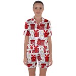 Christmas Texture, Pattern, Red, Craciun, Christmas, Bow, Gift Satin Short Sleeve Pajamas Set