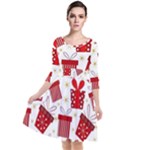 Christmas Texture, Pattern, Red, Craciun, Christmas, Bow, Gift Quarter Sleeve Waist Band Dress