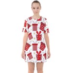 Christmas Texture, Pattern, Red, Craciun, Christmas, Bow, Gift Sixties Short Sleeve Mini Dress