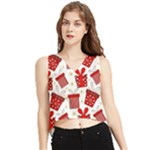 Christmas Texture, Pattern, Red, Craciun, Christmas, Bow, Gift V-Neck Cropped Tank Top