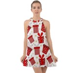 Christmas Texture, Pattern, Red, Craciun, Christmas, Bow, Gift Halter Tie Back Chiffon Dress