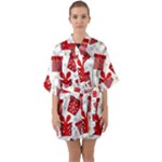 Christmas Texture, Pattern, Red, Craciun, Christmas, Bow, Gift Half Sleeve Satin Kimono 