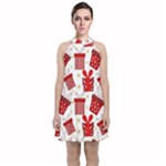 Christmas Texture, Pattern, Red, Craciun, Christmas, Bow, Gift Velvet Halter Neckline Dress 