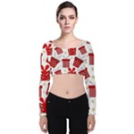 Christmas Texture, Pattern, Red, Craciun, Christmas, Bow, Gift Velvet Long Sleeve Crop Top