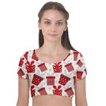 Christmas Texture, Pattern, Red, Craciun, Christmas, Bow, Gift Velvet Short Sleeve Crop Top 