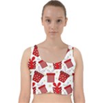 Christmas Texture, Pattern, Red, Craciun, Christmas, Bow, Gift Velvet Racer Back Crop Top