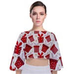 Christmas Texture, Pattern, Red, Craciun, Christmas, Bow, Gift Tie Back Butterfly Sleeve Chiffon Top