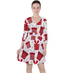 Christmas Texture, Pattern, Red, Craciun, Christmas, Bow, Gift Quarter Sleeve Ruffle Waist Dress