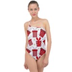 Christmas Texture, Pattern, Red, Craciun, Christmas, Bow, Gift Classic One Shoulder Swimsuit