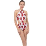 Christmas Texture, Pattern, Red, Craciun, Christmas, Bow, Gift Halter Side Cut Swimsuit