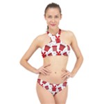 Christmas Texture, Pattern, Red, Craciun, Christmas, Bow, Gift High Neck Bikini Set