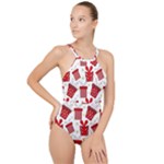 Christmas Texture, Pattern, Red, Craciun, Christmas, Bow, Gift High Neck One Piece Swimsuit