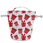 Christmas Texture, Pattern, Red, Craciun, Christmas, Bow, Gift Drawstring Bucket Bag