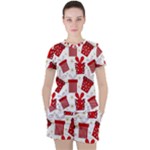 Christmas Texture, Pattern, Red, Craciun, Christmas, Bow, Gift Women s T-Shirt and Shorts Set