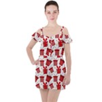 Christmas Texture, Pattern, Red, Craciun, Christmas, Bow, Gift Ruffle Cut Out Chiffon Playsuit