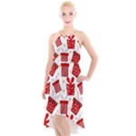 Christmas Texture, Pattern, Red, Craciun, Christmas, Bow, Gift High-Low Halter Chiffon Dress 